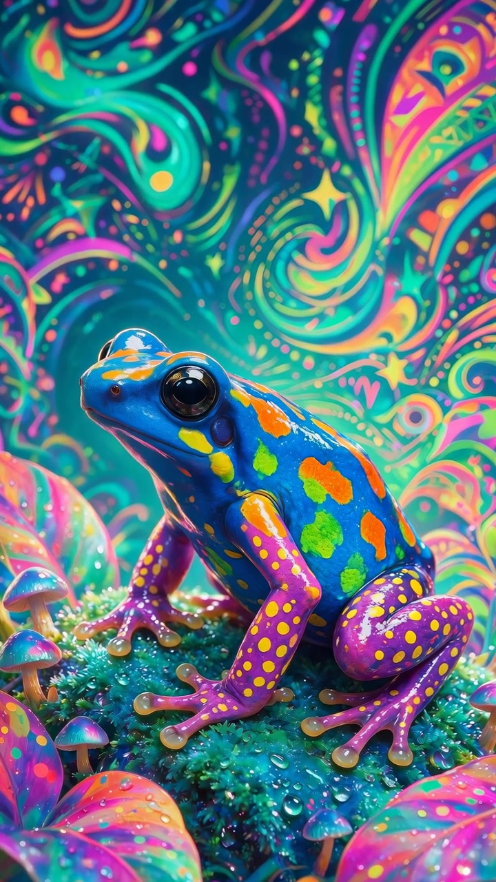 Primo piano di una rana blu lucida con macchie arancione neon e verde lime, arti viola e puntini gialli che riposa su muschio bagnato accanto a minuscoli funghi iridescenti in una vivida composizione surreale.