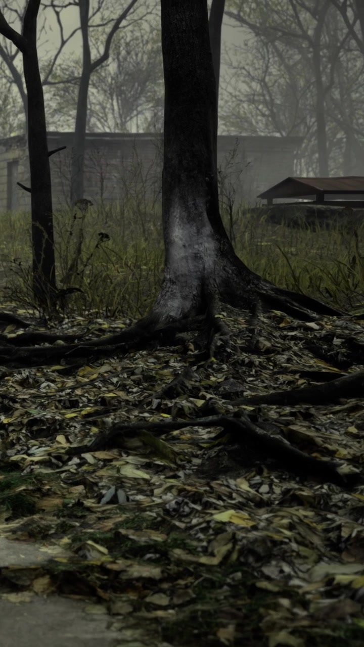 Foglie e radici di alberi in una foresta con tempo nuvoloso in autunno.