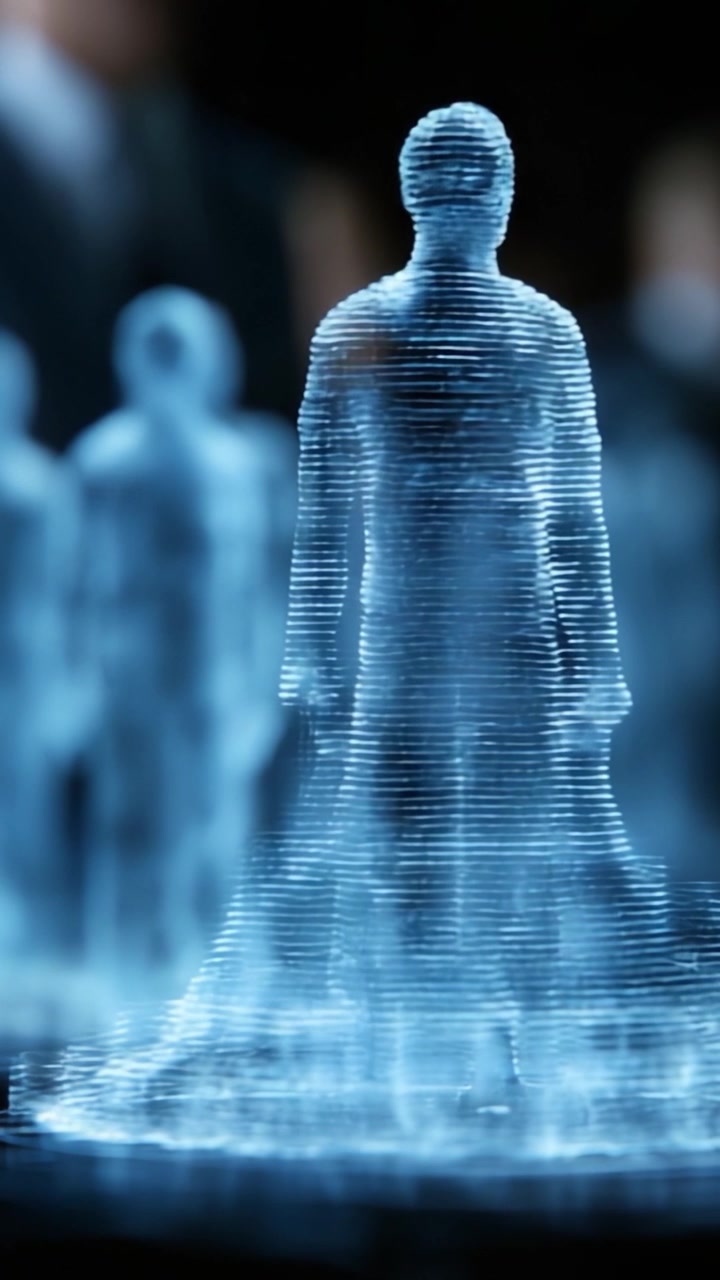 Faszinierende Visualisierung der menschlichen Form: Eine atemberaubende Darstellung von Technologie und Innovation in der digitalen Modellerstellung, die eine markante 3D-Silhouette vor einem verschwommenen Hintergrund einfängt.