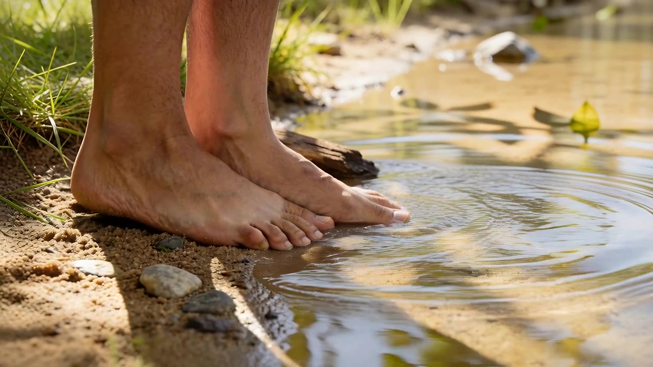 Dipping couple's bare feet testing shallow creek water at sandy shore, feeling cool ripples