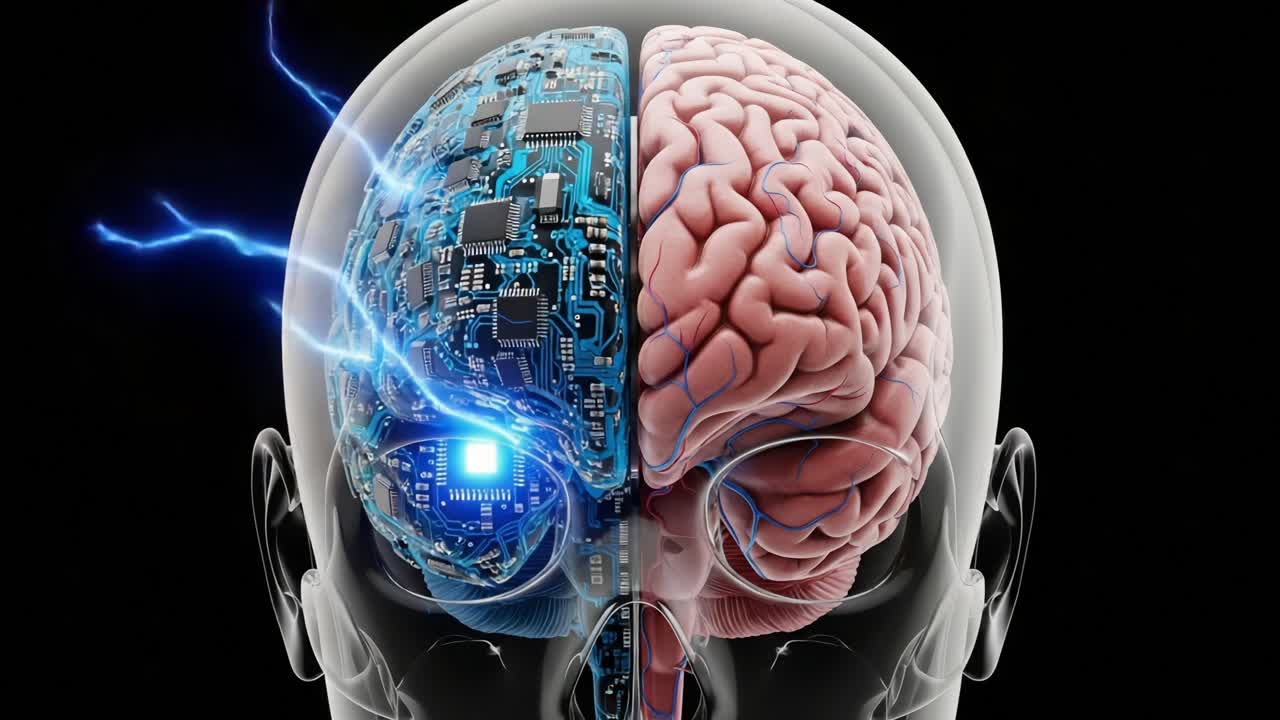 A Stunning Visual Representation of the Intersection Between Artificial Intelligence and Human Cognition, Featuring a Split Image of a Brain and a Circuit Board Design with Energetic Lightning Effects