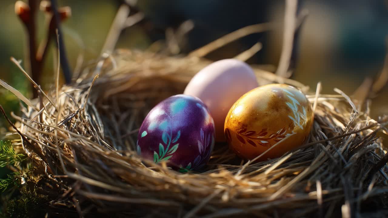 A Beautiful Nest Containing Colorful Easter Eggs: A Close-Up View of Vibrant Designs in a Natural Setting, Perfect for Celebrating Spring and Renewal
