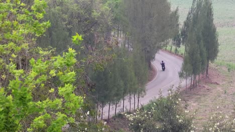 motorbike navigating a winding forest road