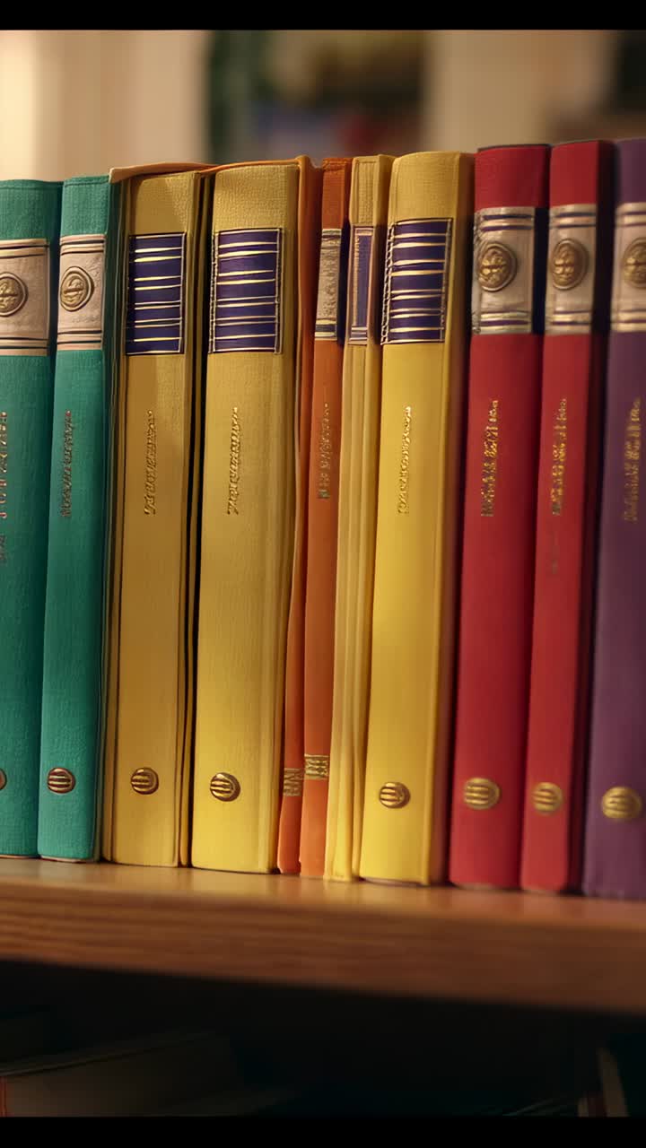 Vertical video: Panning camera revealing row of cloth-bound books on shelf, showing gold medallions
