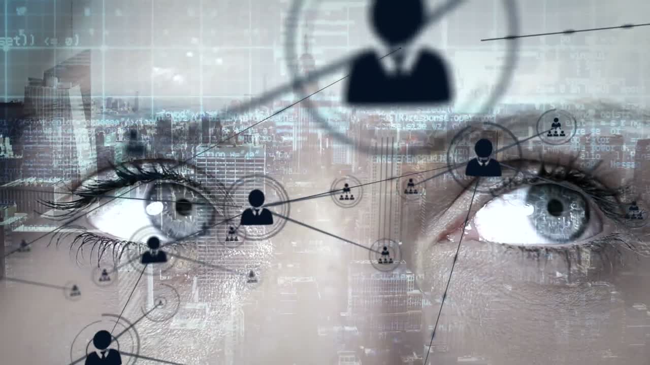 conectores en movimiento y ojos en el paisaje urbano de fondo