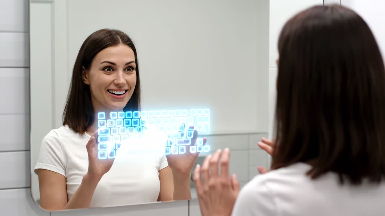 Woman looking at a virtual keyboard in the mirror
