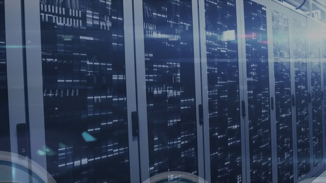 Animation of security padlock icons floating, light spot and mosaic squares against server room