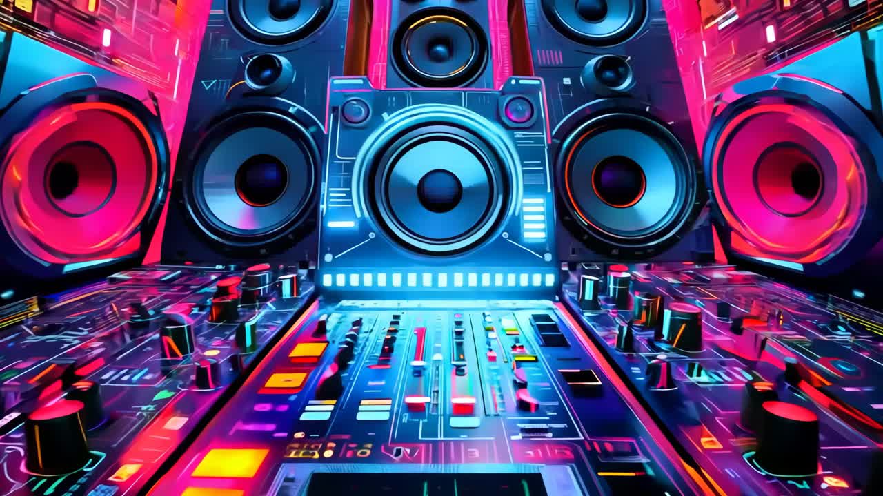 un mezclador de dj con altavoces frente a una ciudad de neón