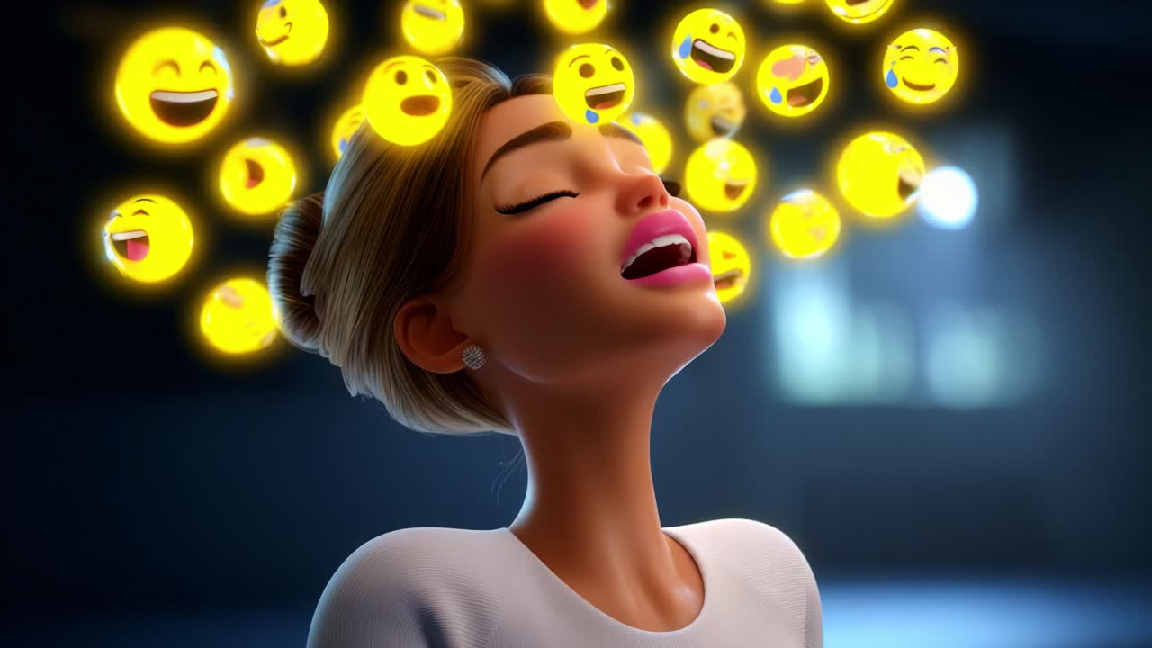 A joyful animated character expresses emotions through an array of bright, playful emojis floating above her head, showcasing a vibrant mix of happiness, laughter, and creativity in a colorful digital style