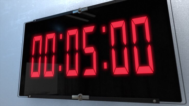 High quality CGI render of a digital countdown timer on a wall-mounted screen on a white wall, with glowing red numbers, counting down from 10 to zero, with dramatic right to left camera move