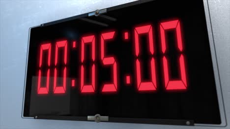 high quality cgi render of a digital countdown timer on a wall-mounted screen on a white wall, with glowing red numbers, counting down from 10 to zero, with dramatic right to left camera move