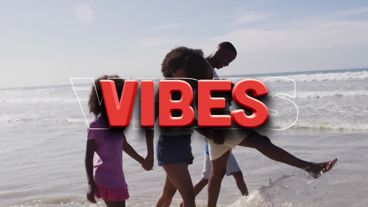 Animation af "vibes" tekst over smilende afroamerikansk familie, der går på stranden
