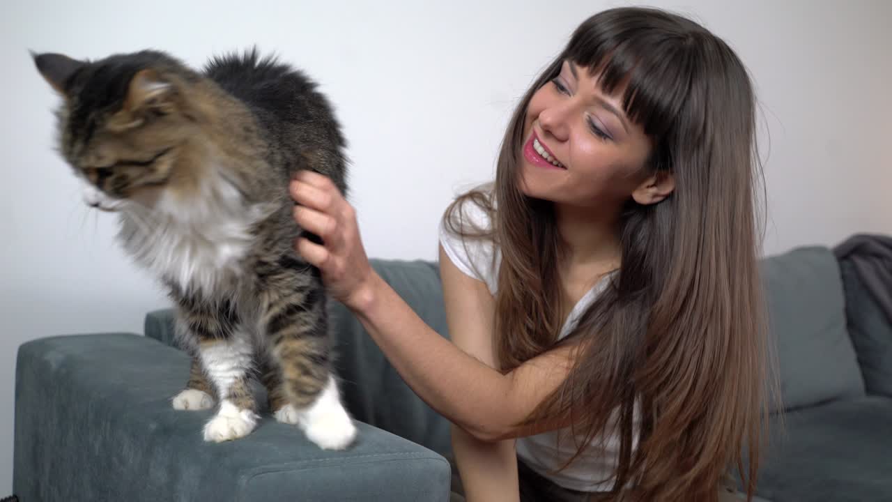 una mujer joven acaricia a su gato.