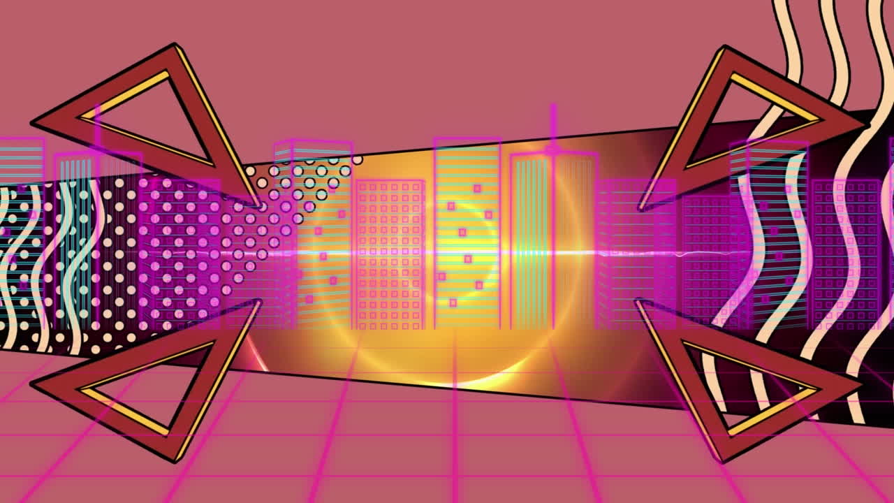 ⁇ 은 배경에 3d 네온 도시 풍경 위에 움직이는 추상적인 모양의 디지털 애니메이션
