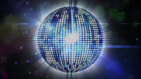 Animation-of-light-spots-and-shining-stars-over-spinning-blue-disco-ball-against-black-background
