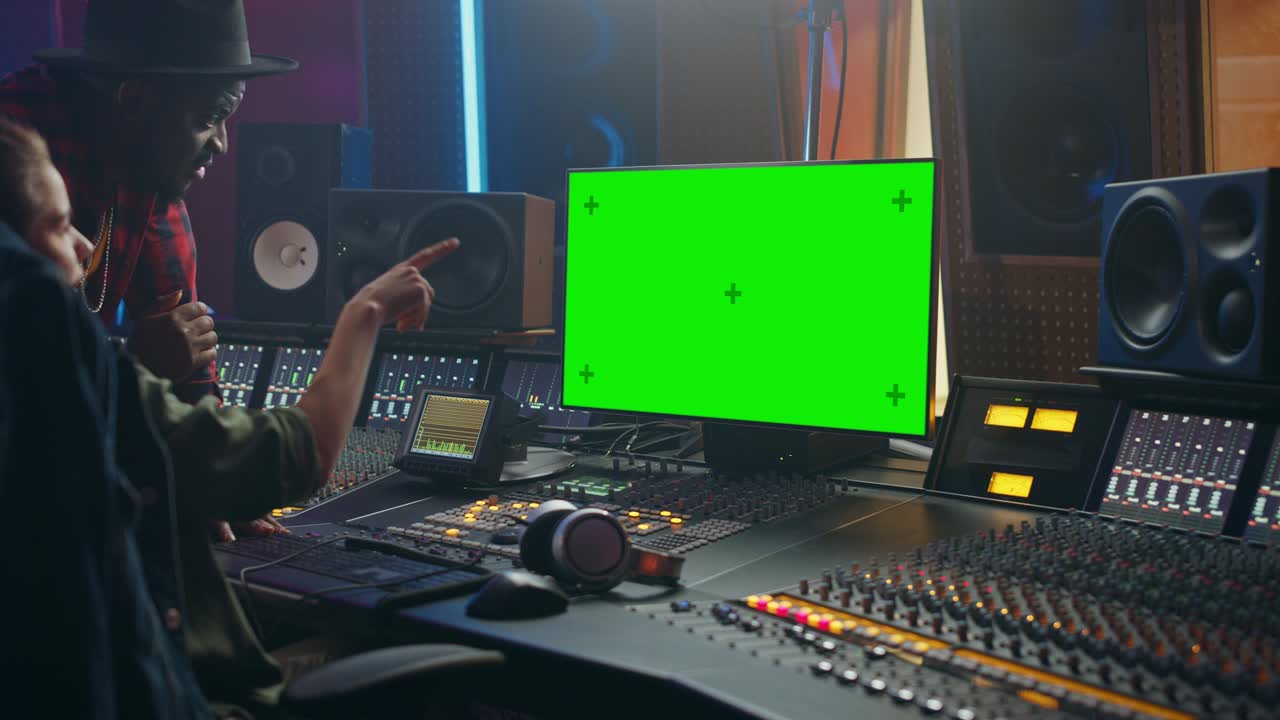 Producer and Audio Engineer Working together in Music Record Studio on a New Album, Use Green Screen Computer, Control Desk for Mixing and Creating Hit Song. Artist and Musician Collaboration
