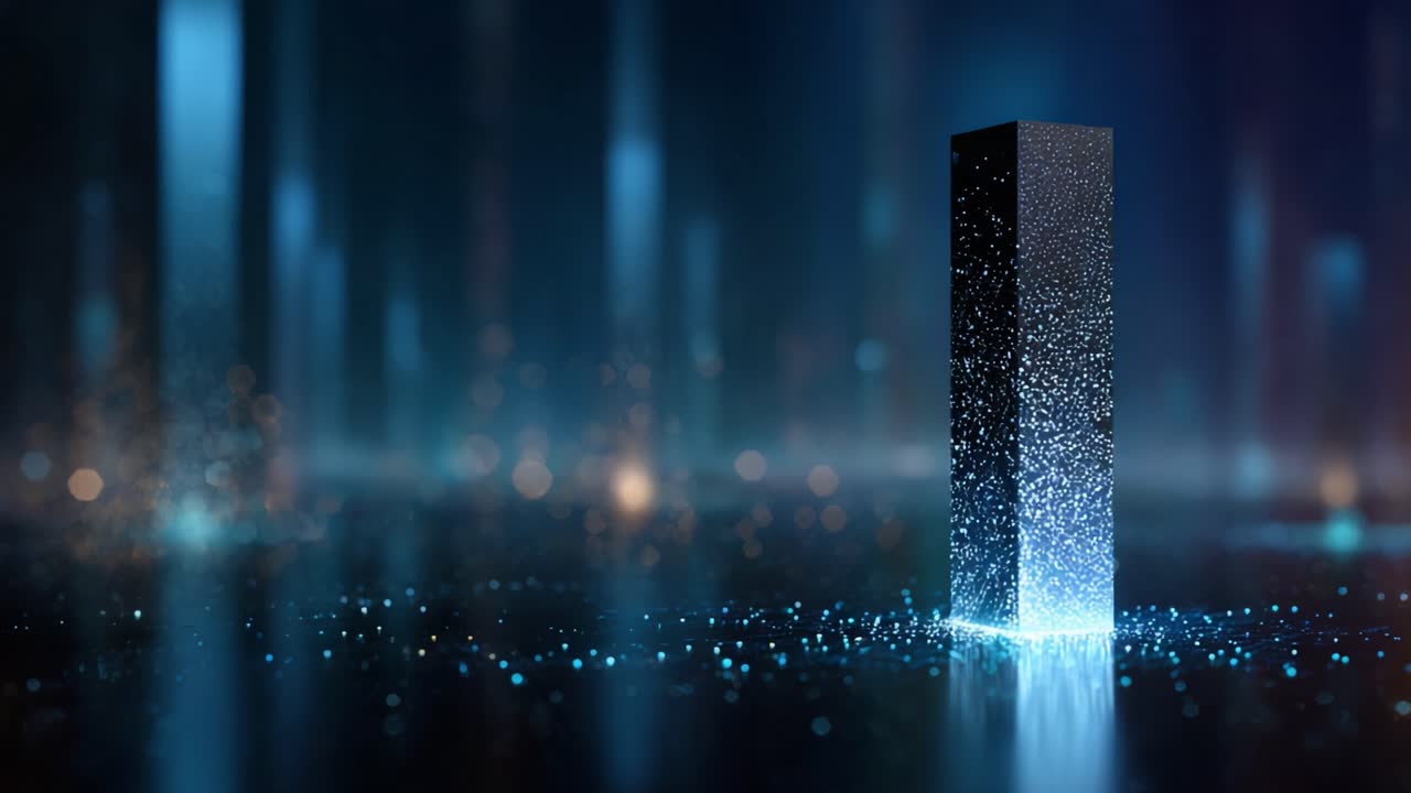 Glimmering Obelisk Surrounded by a Mystical Blue Atmosphere with Radiating Light Particles in a Dreamlike Setting of Digital Art Visuals