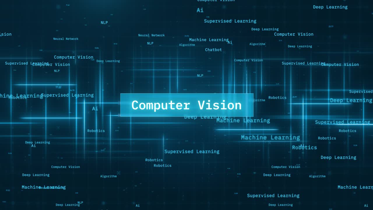 Computer Vision Text on Futuristic Cyberspace Background. 3D Grid and Binary Numbers