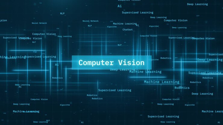 Computervision-tekst på futuristisk cyberspace-baggrund. 3D-gitter og binære tal