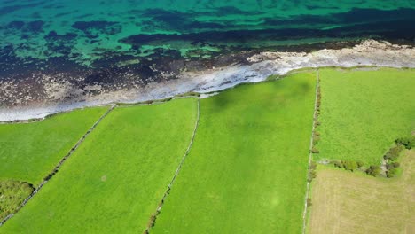 Green-farmland-next-to-coastline-in-sunny-West-Ireland,-backwards-aerial