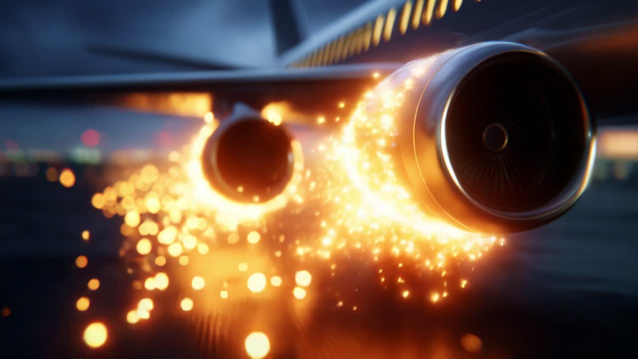 Glowing Engine Thrusters: A Dynamic View of Jet Engines Producing Sparks and Trailing Flames During Takeoff at Night, Illuminating the Sky with an Ethereal Dance of Light and Energy