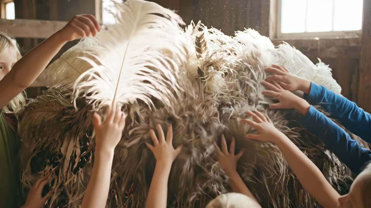 Children's Hands Touching and Exploring Large Ostrich Feathers