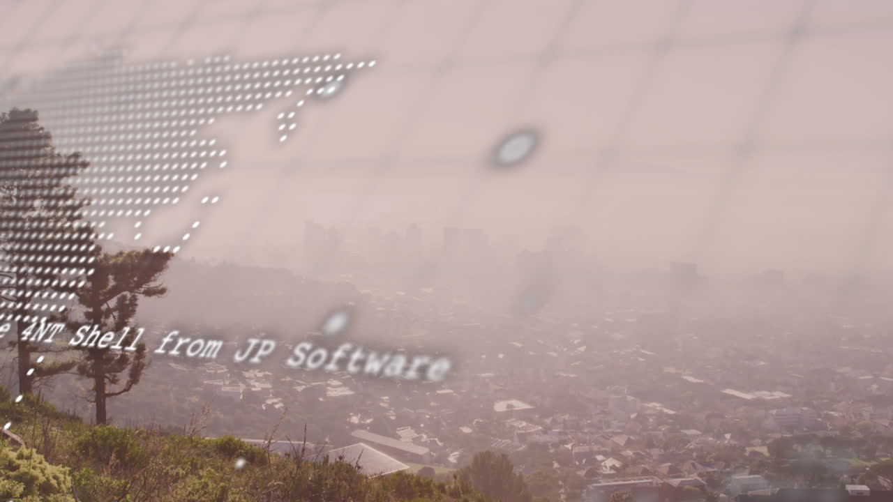 animación del mapa del mundo y procesamiento de datos financieros sobre el paisaje urbano