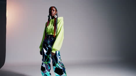 fashion portrait of a woman in trendy outfits