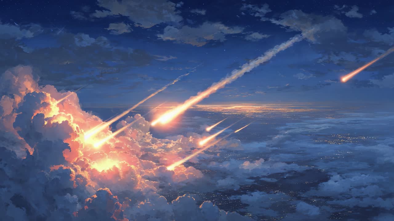 Een ontzagwekkend schouwspel van kosmische gebeurtenissen terwijl vurige meteoren door de wolken storten, de hemel verlichtend in een oogverblindend spektakel van licht en kleur.