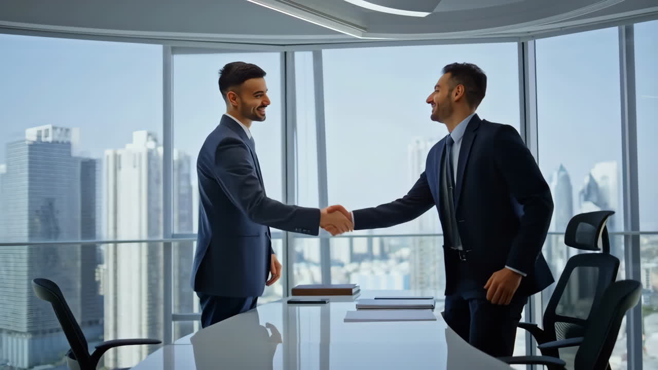 Business Professionals Shaking Hands in a Modern Office