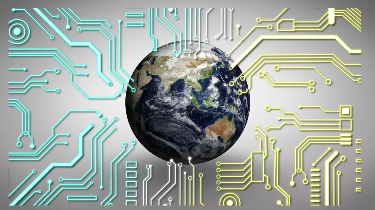 Animation of integrated circuit over globe and grey background