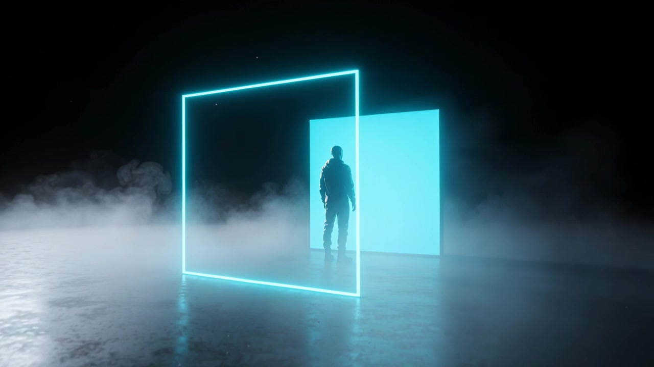 Modell i jacka kliver och flyttar sig åt höger i en cyan portal när neonramen tippar och bildar en förskjuten pose
