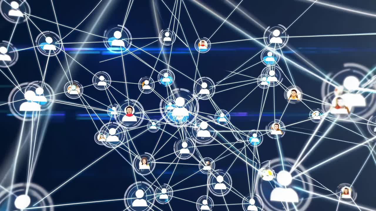 Een dynamisch videoconcept vanuit een hoog camerastandpunt van een digitaal netwerk met onderling verbonden pictogrammen op een blauwe
