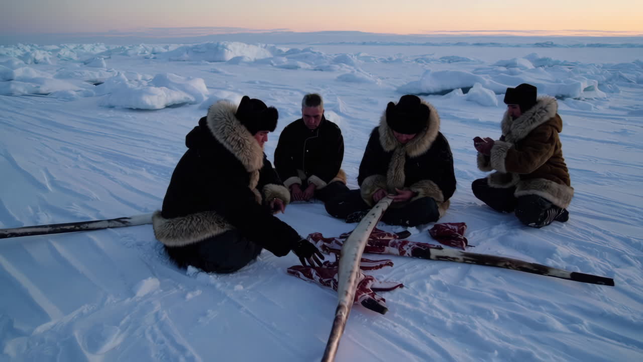 Indigenous People in the Arctic Preparing Animal Hides