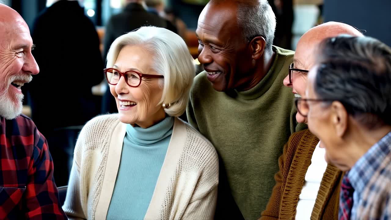 A group of older men and women are smiling and laughing together