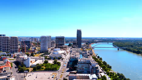 bratislava skyline over danube. panoramic view of bratislava showing modern buildings and the danube river under a clear blue sky
