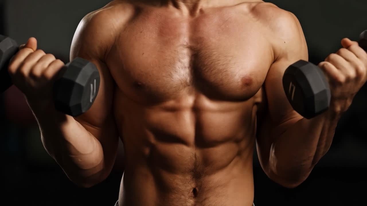 Muscular man lifting dumbbells