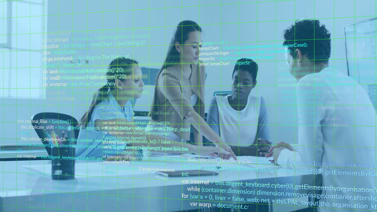 Collaborating over digital data and coding interface, business team in office