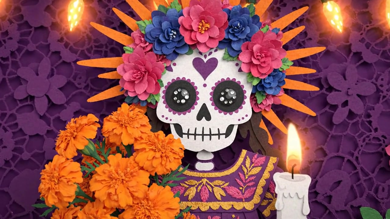 Scheletro femminile del Dia de los Muertos con fiori di calendula