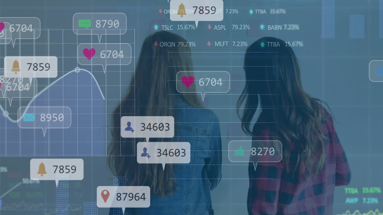 animación de barras de notificación, gráficos, tableros de negociación, mujeres caucásicas analizando informes