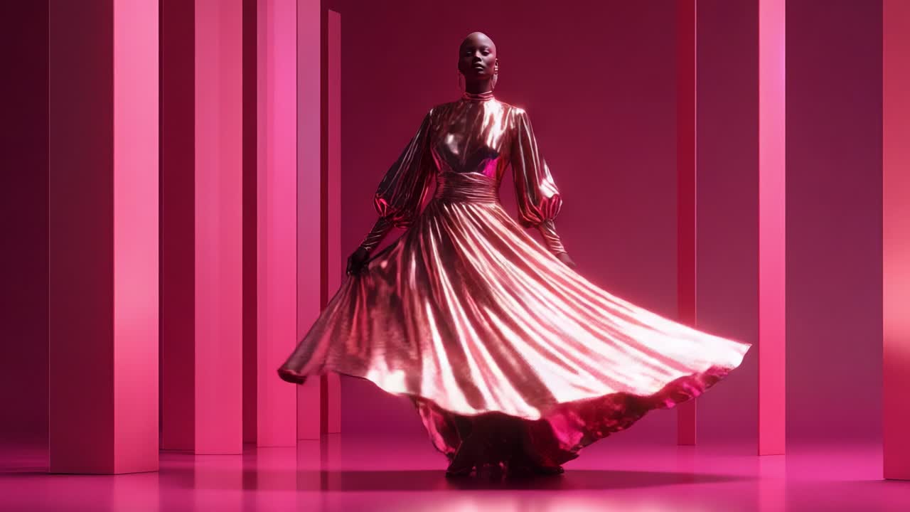 Fantastisk runway-øjeblik, der viser en model i en glamourøs, flydende kjole, der fanger essensen af high fashion midt i livlige pink farvetoner og moderne geometriske baggrunde