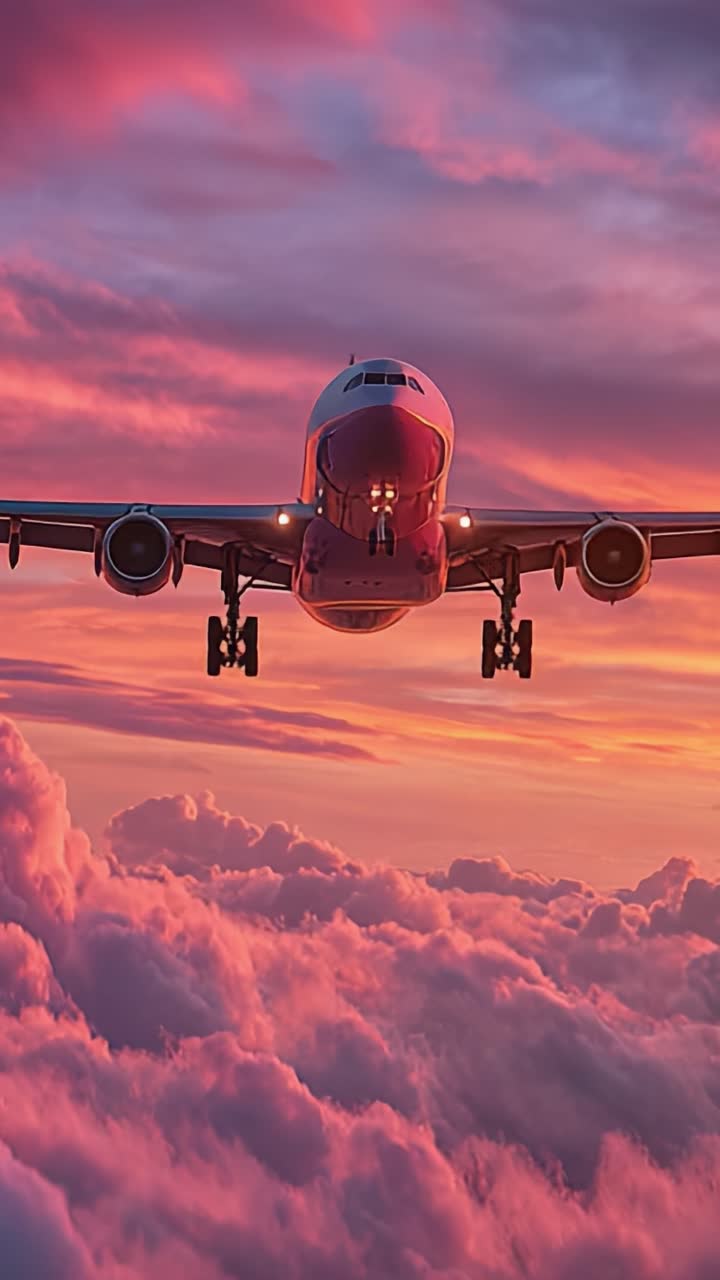 Un maestoso aeroplano vola attraverso cieli vivaci al tramonto, catturando la bellezza del volo tra nuvole colorate e la serenità dell'orizzonte serale