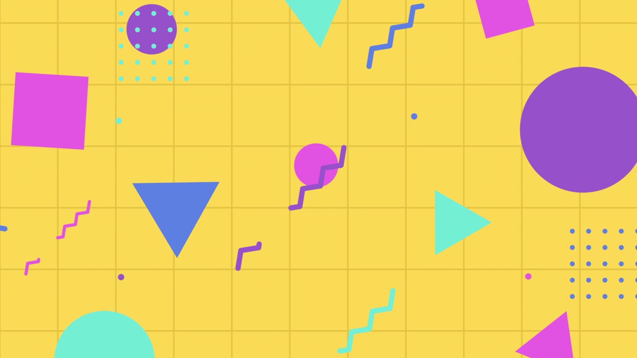 Forme geometriche vivaci in stile Memphis che si muovono su una griglia gialla