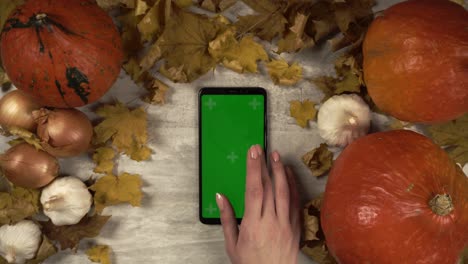 woman swipes and touches the chromakey screen of the phone laying at the table