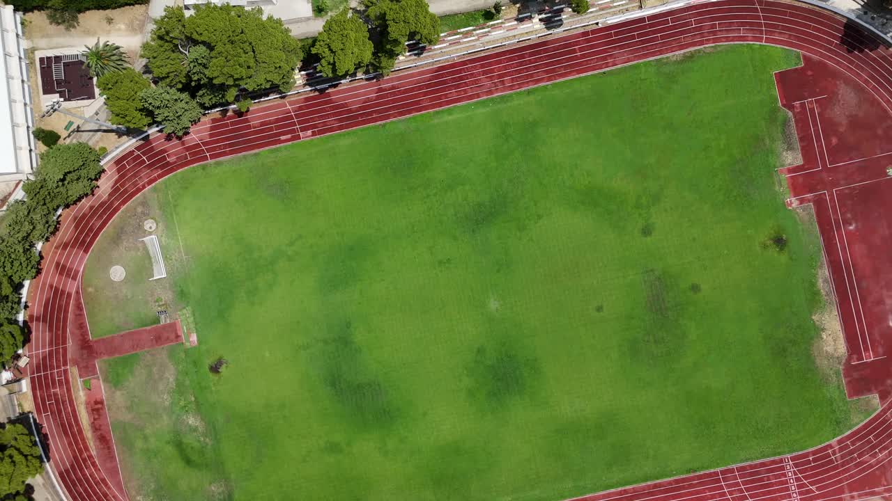 Aerial drone birds eye view soccer football sports stadium arena pitch