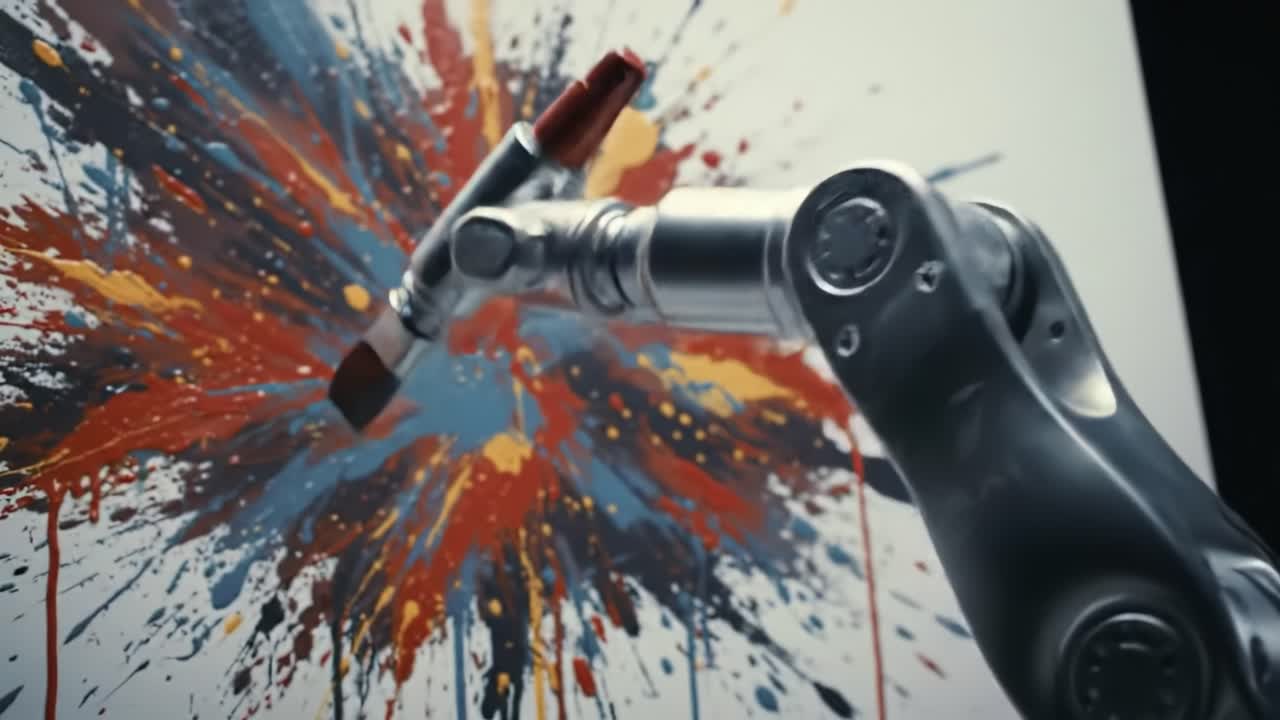 A Robotic Artist Creates an Abstract Explosion of Color on Canvas, Showcasing the Intersection of Technology and Creativity in Modern Art