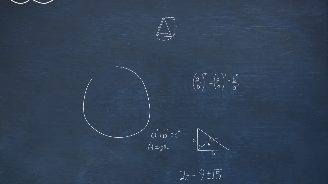 파란색 칠판 배경에 떠다니는 수학 방정식과 공식의 애니메이션