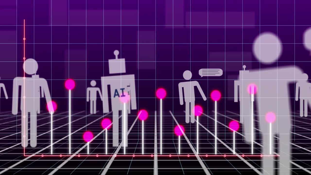 animación de un procesamiento de datos e iconos sobre las estadísticas