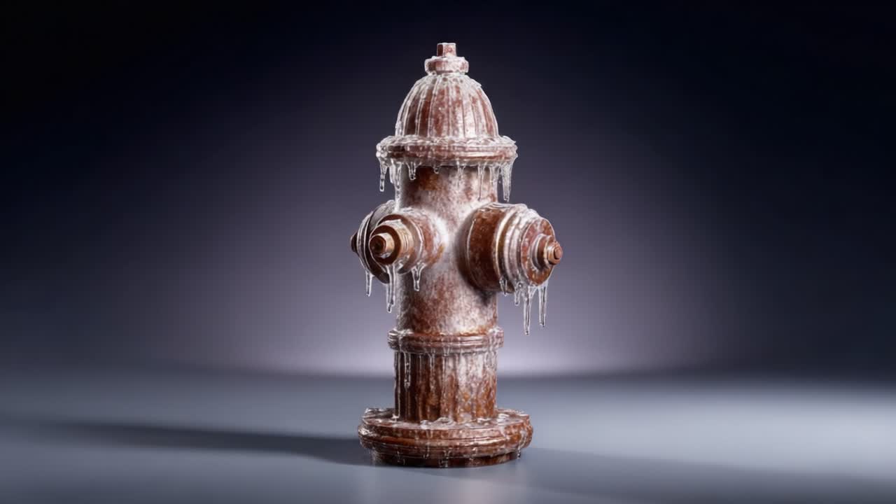 A striking display of an icy fire hydrant, showcasing the beauty of winter's touch as frost and ice envelop the metallic surface, creating a stunning visual contrast