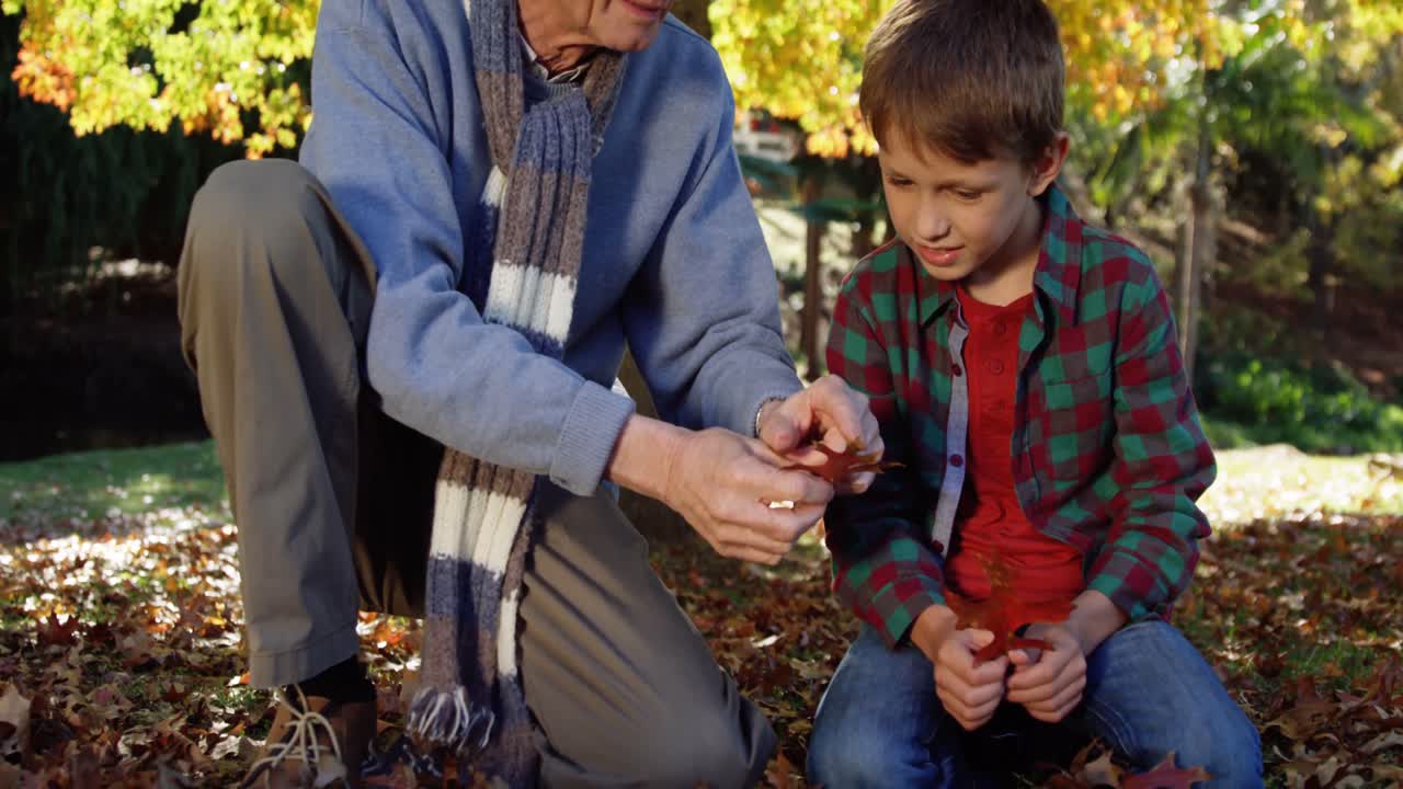abuelo y nieto jugando con hojas